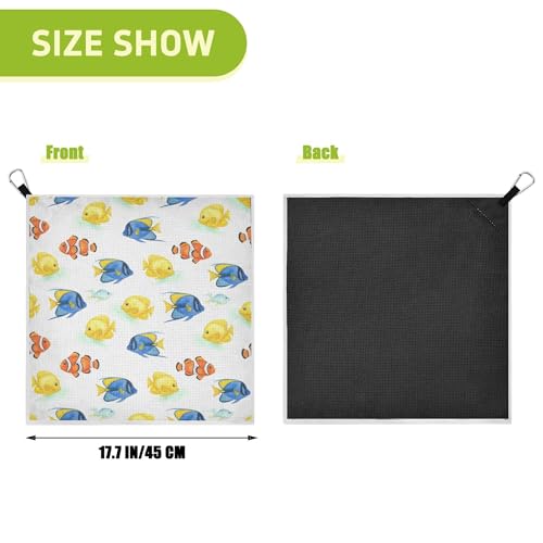 Fish 2 Pack Waffle Pattern Golf Towels, 17.7"x17.7" Square Golf Towel with Carabiner Clip and Magnetic Snap for Cleaning Golf Ball, Club