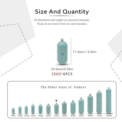 Lead Free Fishing Weights Sinkers 80g-1000g Coated Raindrop Weights Bank Sinkers Cylindrical Deep Drop Weights Assorted Sizes Bag Non-Lead Fishing Weights Saltwater for Bottom Fishing - style: 250g(8.81oz)-6pcs
