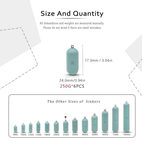 Lead Free Fishing Weights Sinkers 80g-1000g Coated Raindrop Weights Bank Sinkers Cylindrical Deep Drop Weights Assorted Sizes Bag Non-Lead Fishing Weights Saltwater for Bottom Fishing - style: 250g(8.81oz)-6pcs