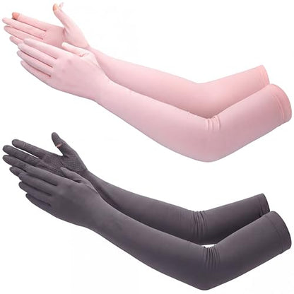 Jecery 2 Pairs UV Long Sun Gloves Women's Sunblock Driving Gloves Non Slip Full Finger Arm Sun Protective for Outdoor Sports - color: Pink,deep Gray