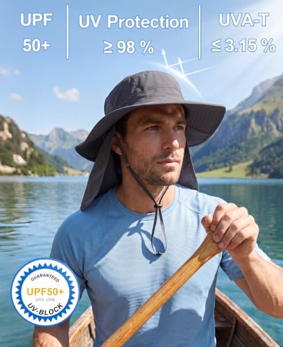 Home Prefer UPF 50+ Wide Brim Sun Hats with Neck Flap Sun Protection Hat for Men Women Gardening Fishing Summer Bucket Hat - color: Dark Grey