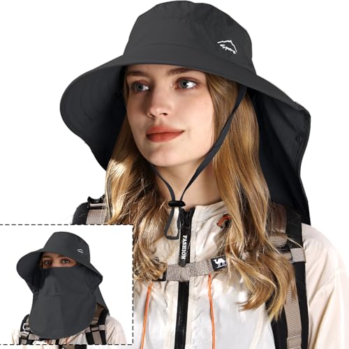 Rosoz Sun Hat for Men Women with Neck Flap,Wide Brim UPF50+ Fishing Hat with Detachable Face Cover Outdoor Sun Protection Hat - color: 1pack-black