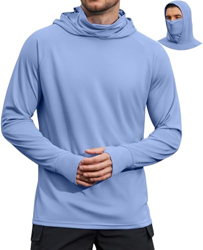 COOFANDY Mens UPF 50+ Sun Protection Hoodie with Mask Lightweight Long Sleeve SPF Fishing Shirts UV Hiking Running Rash Guard - color: Light Blue, size: Medium