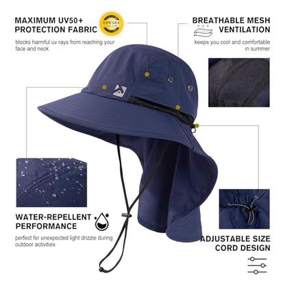 Oversized XL XXL Mens Sun Hat Big Head Neck Flap Shade Waterproof UPF50+ Wide Brim Hat Fishing Safari Hiking - color: Navy, size: Medium-Large