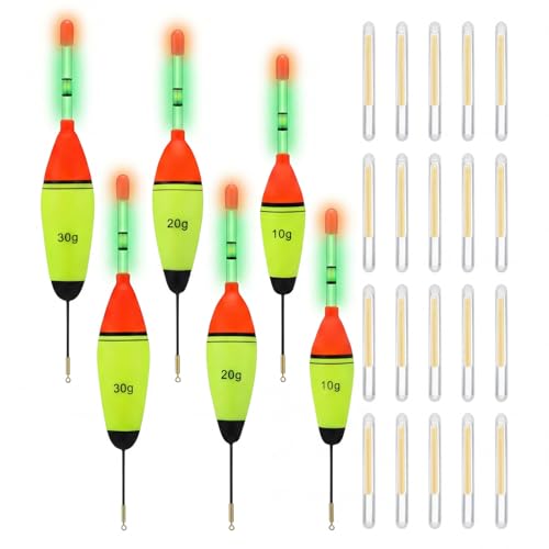 Shappy 6 Pcs Lighted Fishing Bobbers Floats 20 Pcs Glow Sticks Glow in The Dark Light up Slip Fishing Bobbers with Glowing Stick 10g/20g/30g Weight for Night Crappie Walleye Catfish