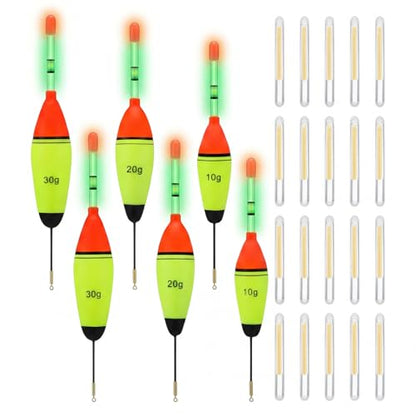 Shappy 6 Pcs Lighted Fishing Bobbers Floats 20 Pcs Glow Sticks Glow in The Dark Light up Slip Fishing Bobbers with Glowing Stick 10g/20g/30g Weight for Night Crappie Walleye Catfish