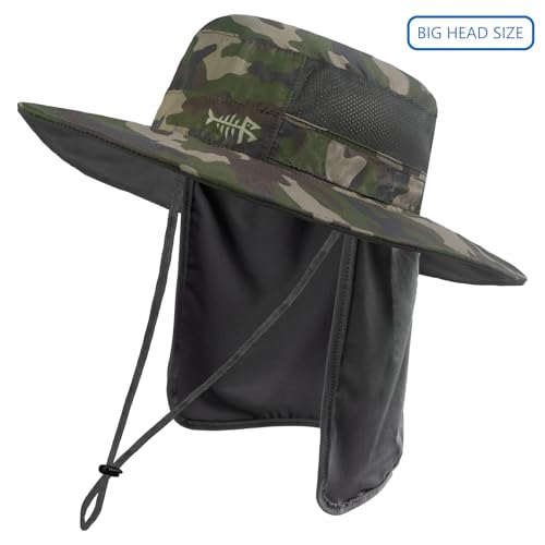 BASSDASH UPF 50+ Sun Fishing Hat Water Resistant with Detachable Neck Flap - color: Army Green Camo - Big Head Size