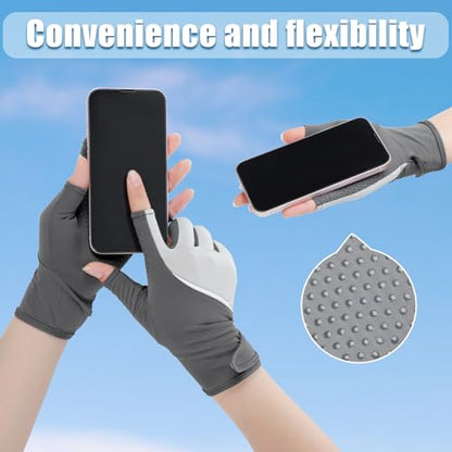 Loopeer 2 Pair Women Sunblock Fingerless Gloves UV Sun Protection UPF 50+ Non Slip Touchscreen Gloves for Summer Driving Manicures - color: Gray, Black