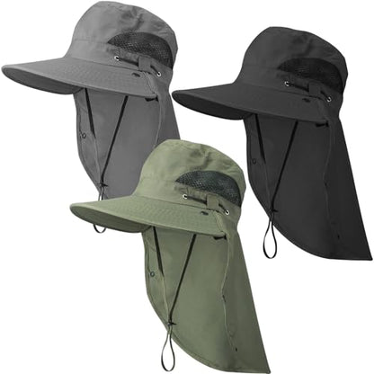 Cuffbow 3 Pcs Sun Hat for Men Women with Neck Flap Breathable Wide Brim Bucket Hat UV Protection UPF 50+ Fishing Hiking - color: Black, Dark Gray, Army Green