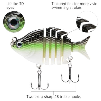 Bassdash SwimPanfish 0.34oz Hard Swimbaits Multi Jointed Topwater Trout Bass Fishing Crank Lure for Freshwater and Saltwater - color: Fluorescent White Shad