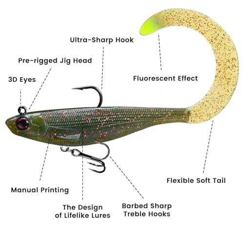 Pre-Rigged Soft Fishing Lures, Easy Catch Swimbaits for Bass Trout | Paddle & Curly Tail, Swim Baits for More Bites, Freshwater & Saltwater Fishing Bait, Crappie Walleye Pike Lures, Value Pack - color: B2-4"-0.56oz
