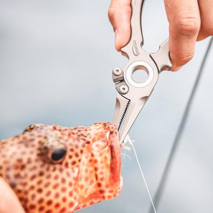 Premio 5.5" Titanium Fishing Pliers with Side Cutters, Lanyard, & Leather Sheath | Saltwater Resistant, Fly Fishing, Rigging, Dehooking, Halo Hinge