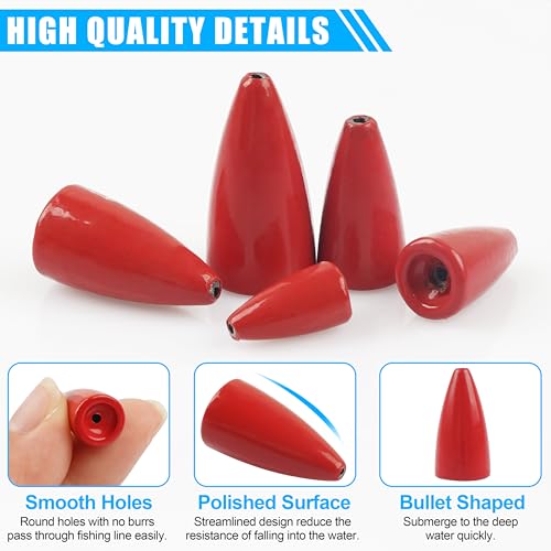 Bullet Fishing Sinkers Weights, 40pcs Slip Sinkers Worm Weights Painted Sliding Fishing Weights for Bass Fishing Pitching and Flipping Texas Rigs Carolina Rig Saltwater Freshwater - size: 1/2oz-40pcs, style: Red