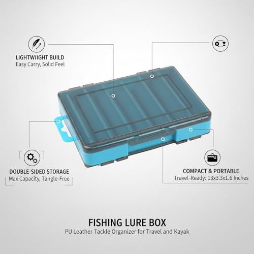 Double-Sided Fishing Lure Box, Slim PU Leather Tackle Organizer for Kayak & Travel, 13 x 3.3 x 1.6 Inches - color: Blue