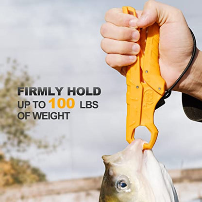 SNAIL TRAIL 7.5'' Floating Fish Gripper, Fishing Grabber | Catfish Mouth Pliers, Caught Bass Holder, Fish Scale Hook Clamp, Saltwater Lip Grip Tool with Lanyard, Gifts for Men - color: Yellow