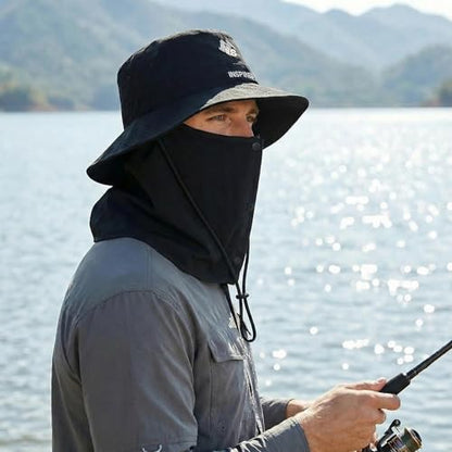 Bucket Hat for Men Women,Waterproof Sun Hat UV Protection with Detachable Face Neck Flap for Outdoors - color: Black+grey