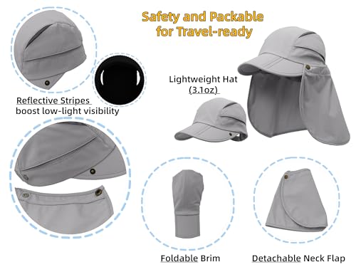 Men Women Safari Fishing Sun Cap with Removable Neck Flap UPF 50+ UV Protection Quick Dry Breathable Hats - color: Light Grey