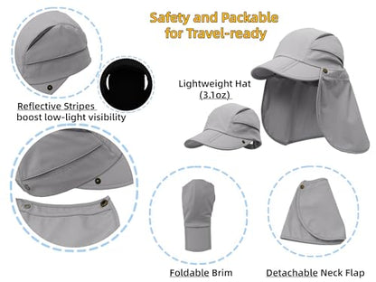 Men Women Safari Fishing Sun Cap with Removable Neck Flap UPF 50+ UV Protection Quick Dry Breathable Hats - color: Light Grey