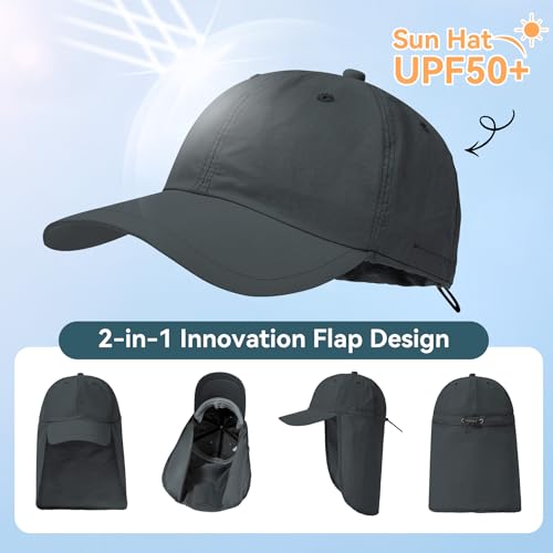 Zando Sun Hats with Neck Flap for Men UPF 50+ Waterproof Baseball Cap Adjustable Breathable Outdoor Hiking Fishing Hat - color: Dark Grey