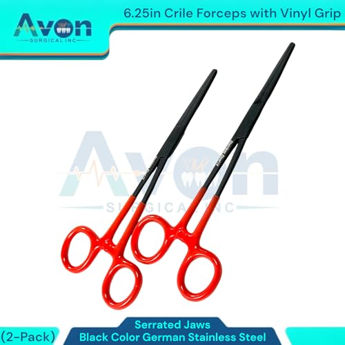 6.25" Multi-Purpose Hemostat Forceps Pliers, Locking, Red Vinyl Grip Handle, Black, German Stainless Steel | Fishing Pliers, Fish Hook Removing, Crafts, Electronics (Set of 2)
