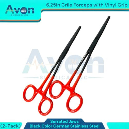 6.25" Multi-Purpose Hemostat Forceps Pliers, Locking, Red Vinyl Grip Handle, Black, German Stainless Steel | Fishing Pliers, Fish Hook Removing, Crafts, Electronics (Set of 2)