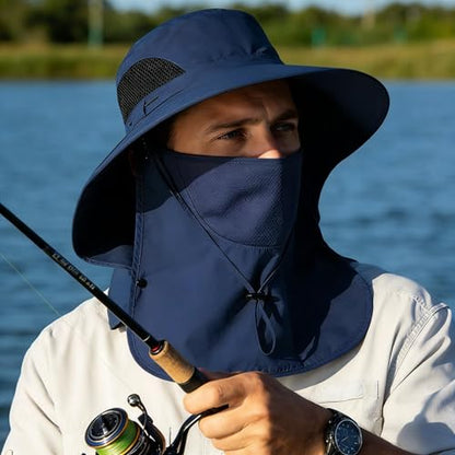 Sun Hat for Men and Women, UPF 50+ UV Protection, Wide Brim Breathable, Fish Hat with Neck Flap and Breathable Face Mask - color: Navy