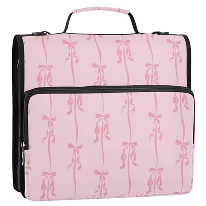 Pink Ribbons Bow Zipper Binder Bag 3 Ring with Shoulder Strap Zippered Binder Fits 13 Inch Laptop File Folder Document Organizer for College Office Supplies - color: Pink Ribbons Bow