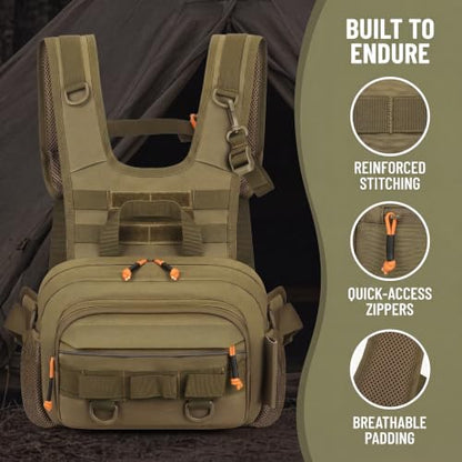 Fly Fishing Backpack Vest, Lightweight Nylon Tackle Chest Pack with Multiple Storage Pockets (Khaki)