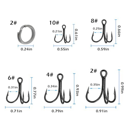 Fishing Treble Hooks Kit, Large Size High Carbon Steel Hooks 3X Strong Sharp Round Bend Hooks with Split Rings for Saltwater Freshwater Fishing 200pcs/Box Mixed 5 Size 2 4 6 8 10 - color: Black