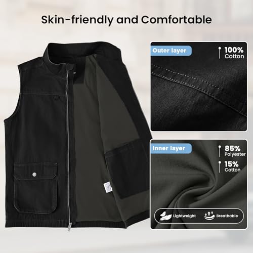 TBMPOY Men's Lightweight Vest Cotton Stylish Sleeveless Travel Casual Work Canvas Outerwear Utility Jacket Fishing Hiking - color: Black, size: Large