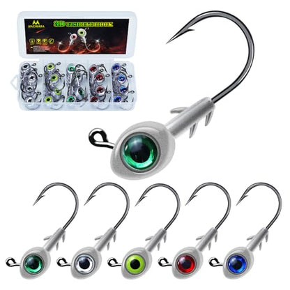 3D Fish Eye Jig Heads, 5 Colors with Lifelike Eyes, Multi Weights, Barbed Fishing Hooks for Walleye Bass Crappie - size: 10g(3/8oz)-25pcs
