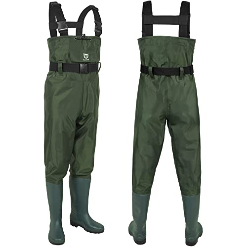 TIDEWE Bootfoot Chest Wader, 2-Ply Nylon/PVC Waterproof Fishing Hunting Waders with Boot Hanger for Men Women Green Brown - color: Green, size: M5/W7