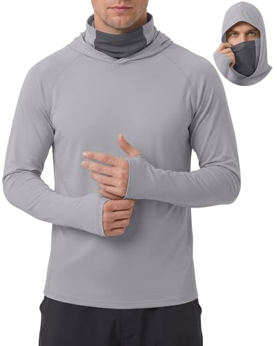 Men's UPF 50+ Sun Protection Hoodies Mask Long Sleeve Thumbholes Lightweight Dry Rash Guards Running Fishing Shirts - color: Glacier Gray, size: Large