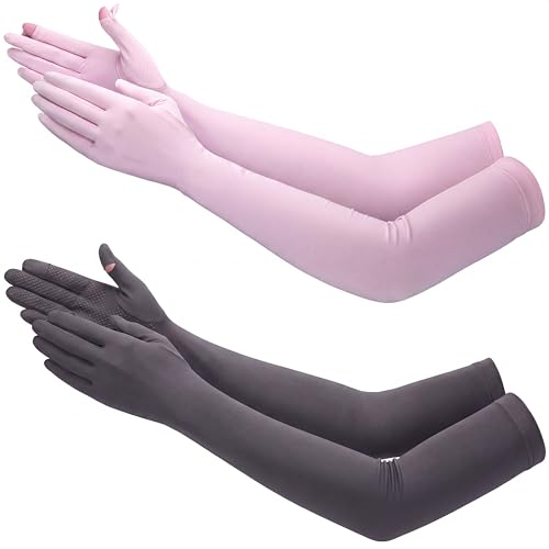 Jecery 2 Pairs UV Long Sun Gloves Women's Sunblock Driving Gloves Non Slip Full Finger Arm Sun Protective for Outdoor Sports - color: Purple,deep Gray