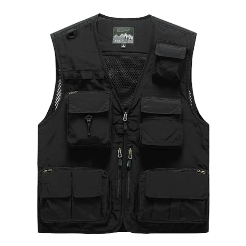 Saukiee Mens Vest Lightweight Vest Men Fishing Travel Work Pesca Safari Combat Hunting Cargo Vest Jacket with Pockets M - color: Black, size: X-Large