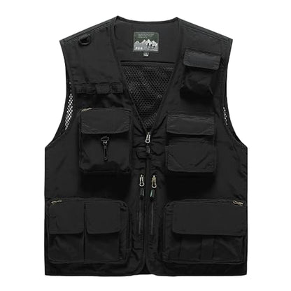 Saukiee Mens Vest Lightweight Vest Men Fishing Travel Work Pesca Safari Combat Hunting Cargo Vest Jacket with Pockets M - color: Black, size: X-Large