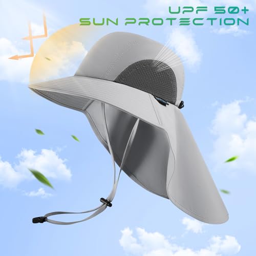 UPF 50+ Foldable Sun Hats Wide Brim with Large Neck Flap for Men Women UV Protection Gardening Fishing Beach Hat - color: Light Grey