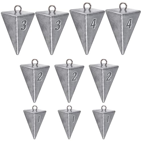 Alwonder Pyramid Sinkers Lead Fishing Weights for Surf Pompano Catfishing | Pyramid Weights 1oz-2LB Saltwater Freshwater Fishing Sinkers No-Roll Triangle Inshore Ocean Beach Casting Bottom Pier Fishing - size: 10 Pack Kit: 1oz*3, 2oz*3, 3oz*2, 4oz*2