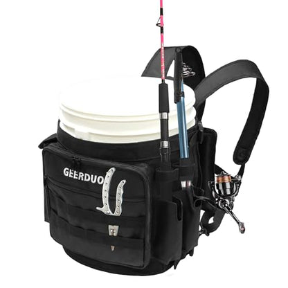 Fishing Bucket Backpack with Rod & Plier Holder and Pockets for Fishing, Hunting, Apple Picking for 5 Gallon Bucket (Black) - color: Black