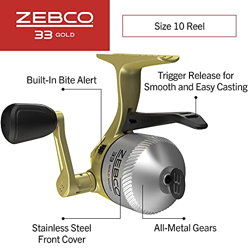 Zebco 33 Gold Spincast Fishing Reel, Changeable Right or Left-Hand Retrieve, All-Metal Gears, Pre-Spooled with Zebco Cajun Fishing Line - size: 10 (Clam Packaging), style: 33 Gold Micro Triggerspin (Clam Pack)