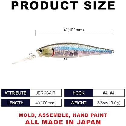 LUCKY CRAFT Pointer 100DD-S, Saltwater Surf Fishing Lures, Jerkbait, Halibut, Surf Perch, Calico Bass, White Seabass, Striped Bass, Sinking, Fishing Gear - color: 722 Zebra MS Ghost Minnow