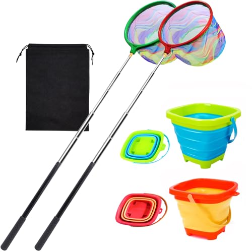 2PCS Fishing Net with Bucket, Telescopic Fishing Landing Net, Collapsible Youth Sand Bucket, Youth Fish Butterfly Catching for Freshwater Saltwater Outdoor Activities - color: Orange + Green