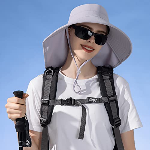 HUAMULAN Men Summer Sun Hat Women Safari Wide Brim Fishing Hats UV Protection Neck Flap Bucket Gardening Hiking Hunting Cap - color: Bg8112-lightgray