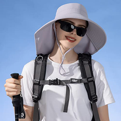 HUAMULAN Men Summer Sun Hat Women Safari Wide Brim Fishing Hats UV Protection Neck Flap Bucket Gardening Hiking Hunting Cap - color: Bg8112-lightgray