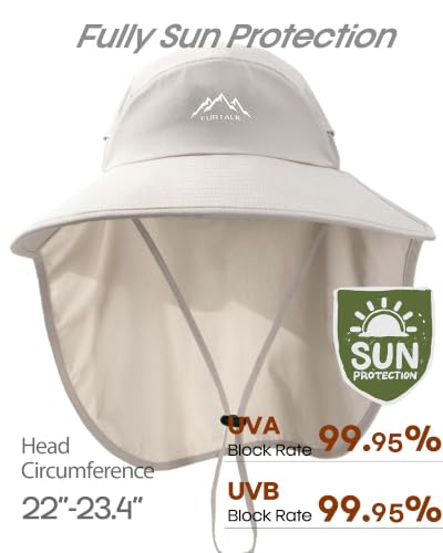 FURTALK Sun Hats for Men Women Fishing Hat with Neck Flap Chin Strap UPF 80+ Wide Brim Hiking Safari Summer Hats - color: Light Grey