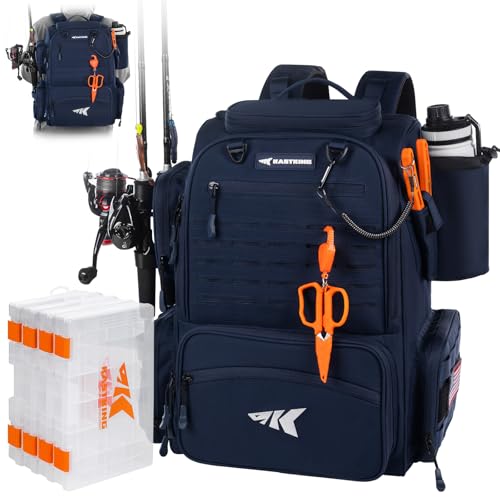 KastKing Bait Boss Fishing Tackle Backpack with Rod Holders-4 Tackle Boxes-Rain Cover,Storage for Fishing Gear - color: G: Blue (Aluminum Back Support System)