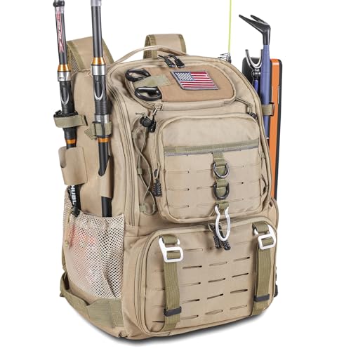 Bagenerous 39L Fishing Tackle Backpack with Rod Holders & Cooler,Water-resistant Fishing Gear Storage Bag with Protective Rain Cover,Khaki - color: Khaki