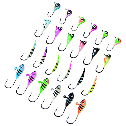 BASSDASH Ice Fishing Lure Kit Glowing Paint Jigs for Winter Ice Jigging Crappie Sunfish Perch Walleye Pike with Tackle Box - color: BI03 - 24pcs assorted crappie/panfish/perch jigs