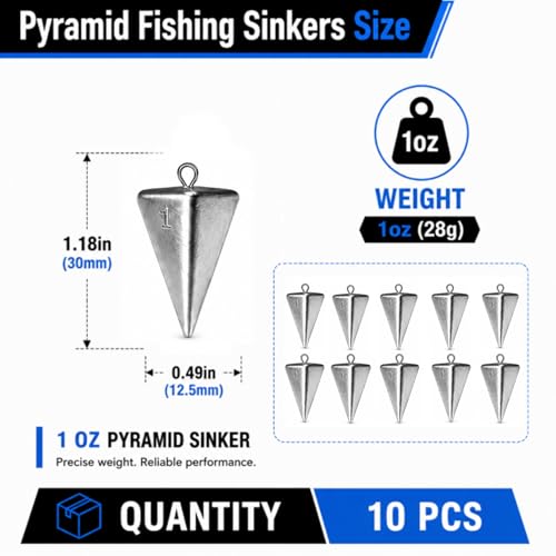 Pyramid Fishing Sinkers for Saltwater Surf Fishing, Lead Casting Weights for Beach Pier Ocean Bottom Rigs, 1oz, 2oz, 3oz Assorted Fishing Tackle - size: 1oz-10Pcs