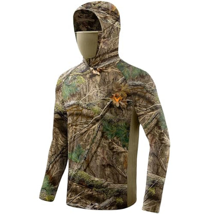 Palmyth Hunting Hoodie with Mask for Men Sun Protection Camo Fishing Shirts | UPF 50+, Mask Neck Gaiter, Quick Dry, 2 Zipper Pockets, Side Mesh Vent, Thumb Loops, Moisture Wicking, Stretchy, Breathable - color: Misty Thicket, size: X-Large